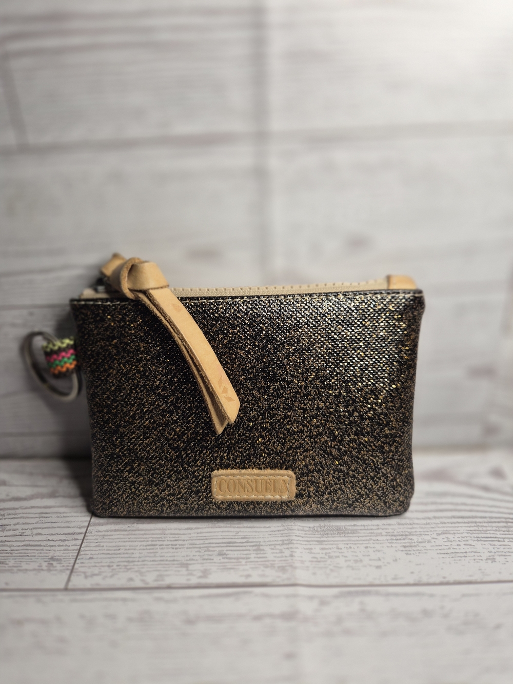 Consuela Gold Glitter Cosmetic Wristlet with Tan Trim